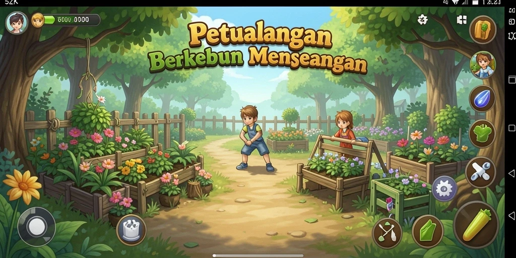 Tampilan gameplay menarik dari 5ZK dengan suasana berkebun yang cerah.