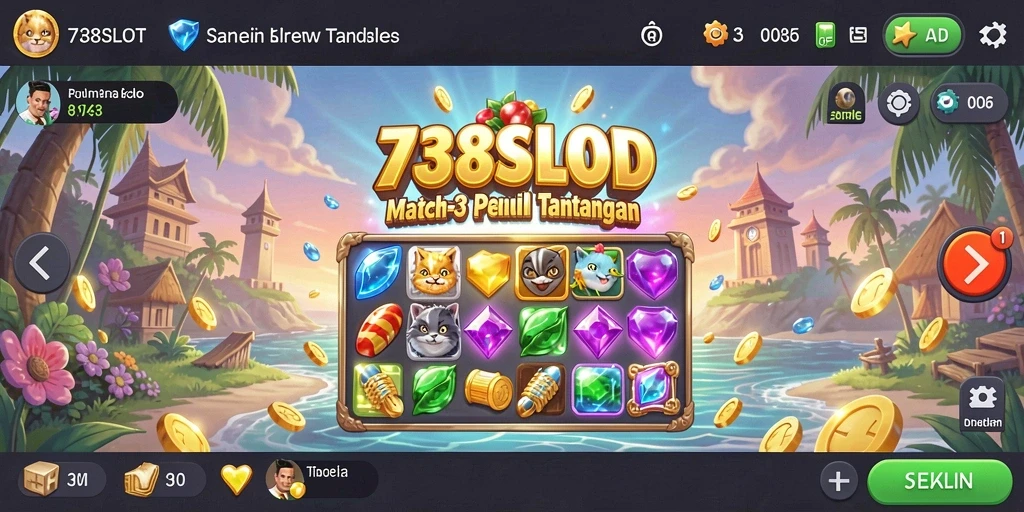 Tampilan gameplay seru dari 738SLOT dengan simbol-simbol berwarna.