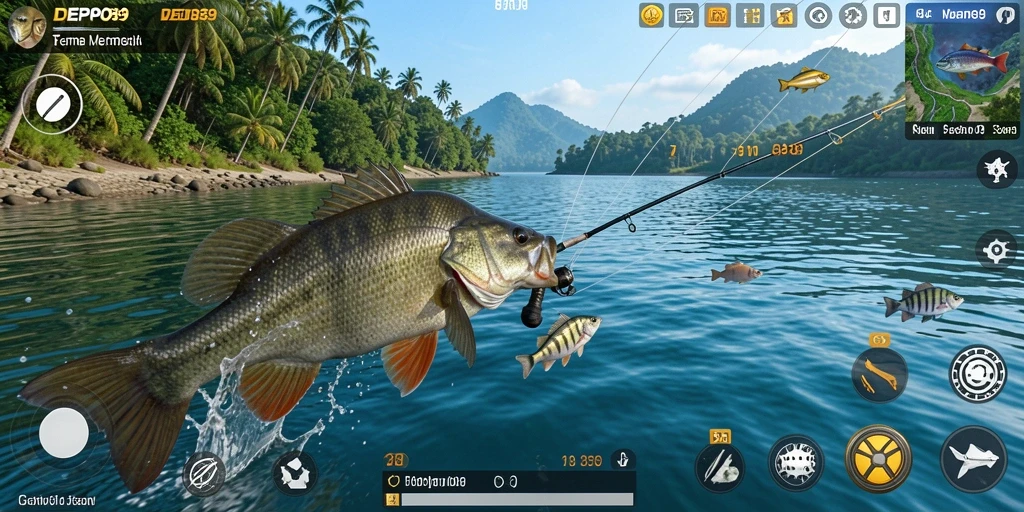 Screenshot utama DEPO89 menunjukkan pemain sedang memancing di danau yang indah.