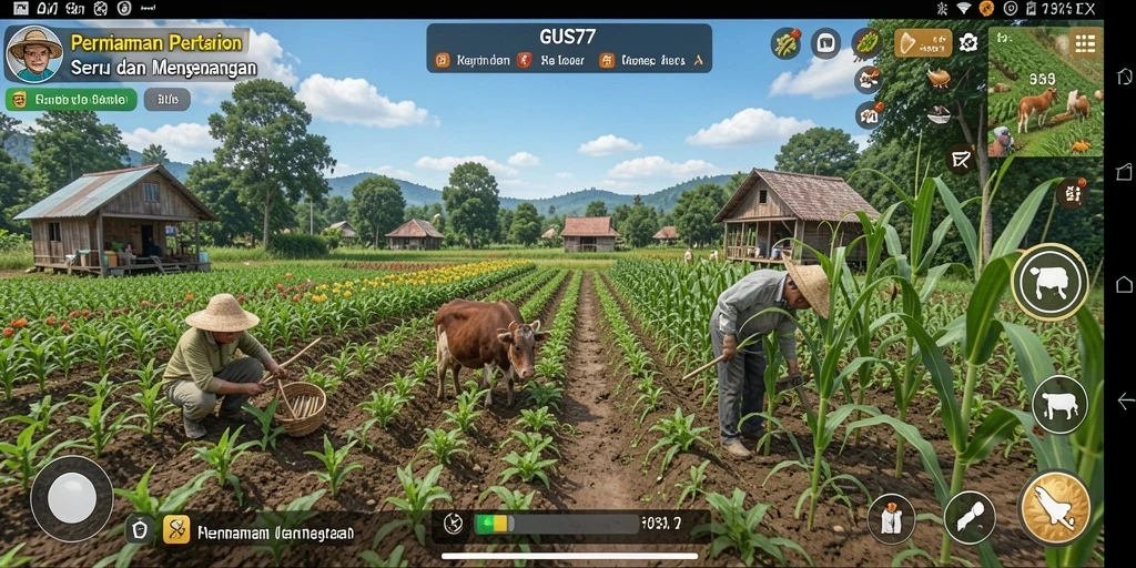 Tangkapan layar gameplay GUS77 menampilkan dunia pertanian yang cerah dan aktif.