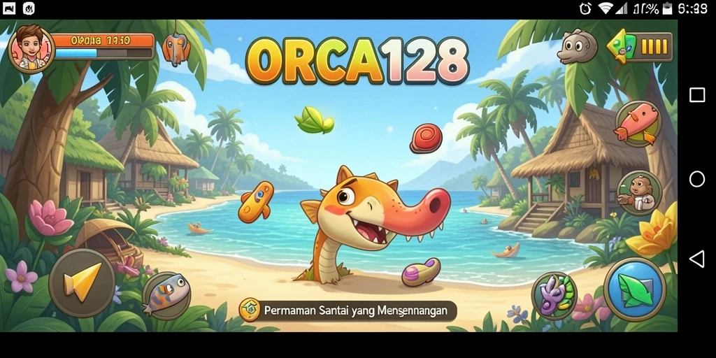 Screenshot utama ORCA128 menampilkan gameplay yang seru dan grafis cerah.