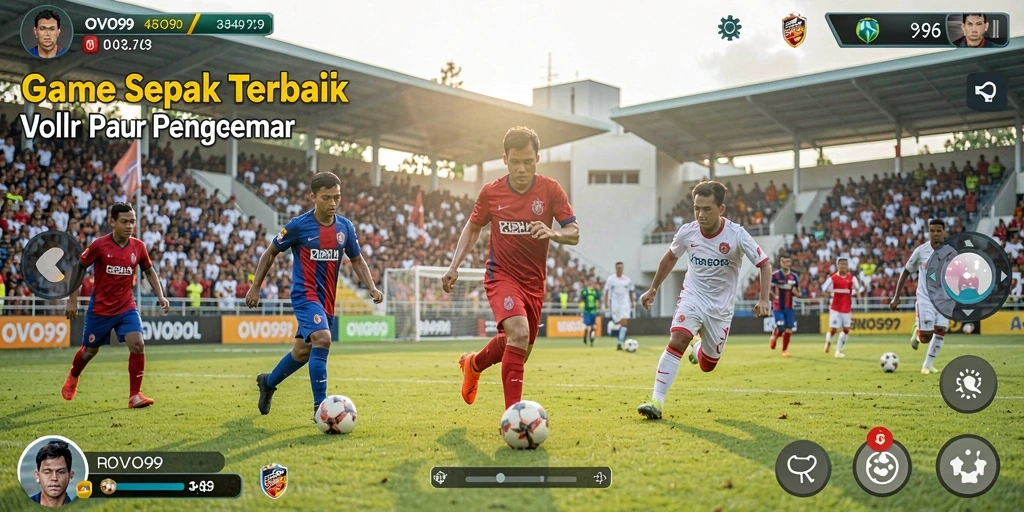 Screenshot gameplay OVO99 menampilkan aksi seru sepak bola.