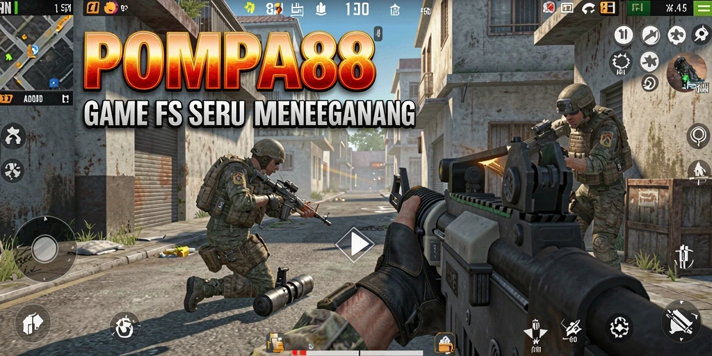 Screenshot utama POMPA88 menampilkan aksi gameplay FPS yang mendebarkan.