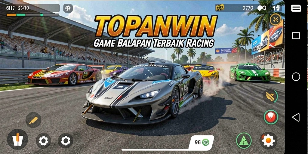 Screenshot utama menunjukkan adrenalin balapan di trek yang menantang.