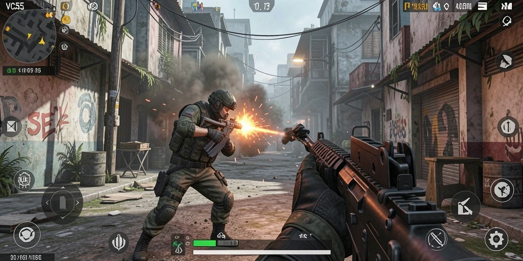 Tampilan gameplay VC55 yang seru dan menegangkan dalam pertarungan FPS.