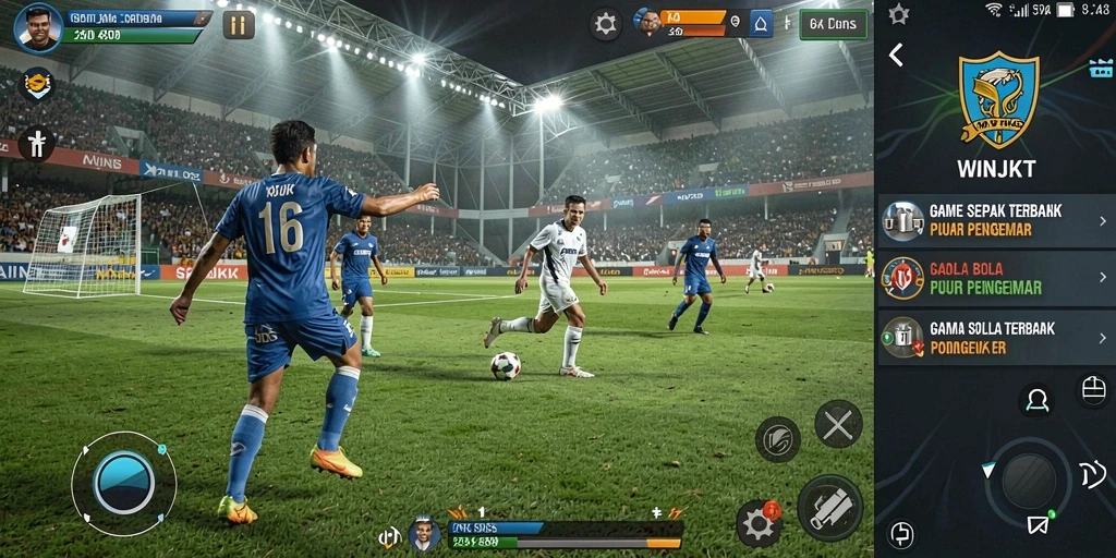 Tangkapan layar gameplay mendebarkan WINJKT dengan aksi sepak bola yang intens.
