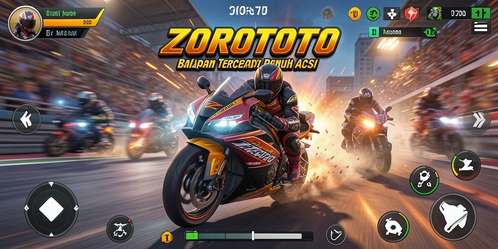 Gameplay ZOROTOTO menampilkan balapan motor yang mendebarkan.